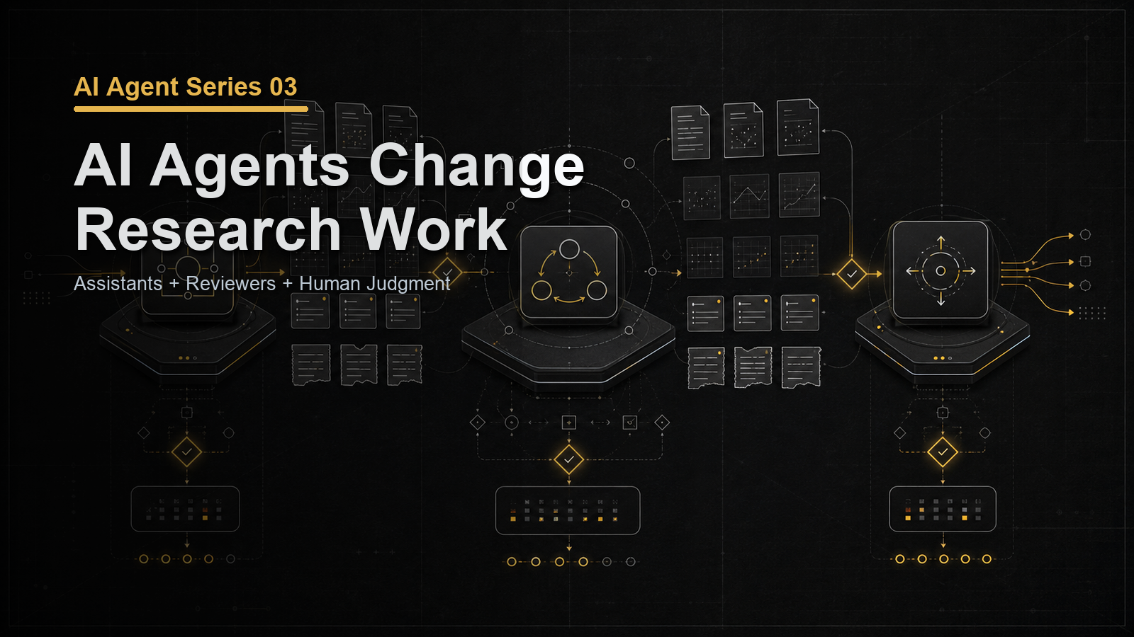 Dark campaign cover reading AI Agents Change Research Work, with yellow research workflow diagrams and document-review loops.