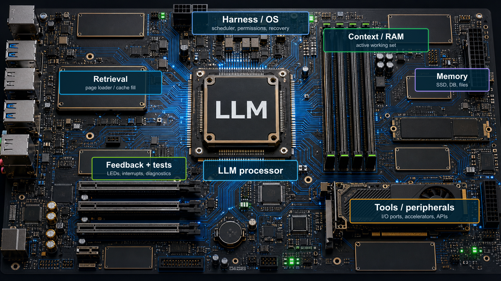Generated motherboard-style architecture map showing an AI agent system around an LLM processor, with manual labels for context, memory, retrieval, tools, feedback, and harness layers.