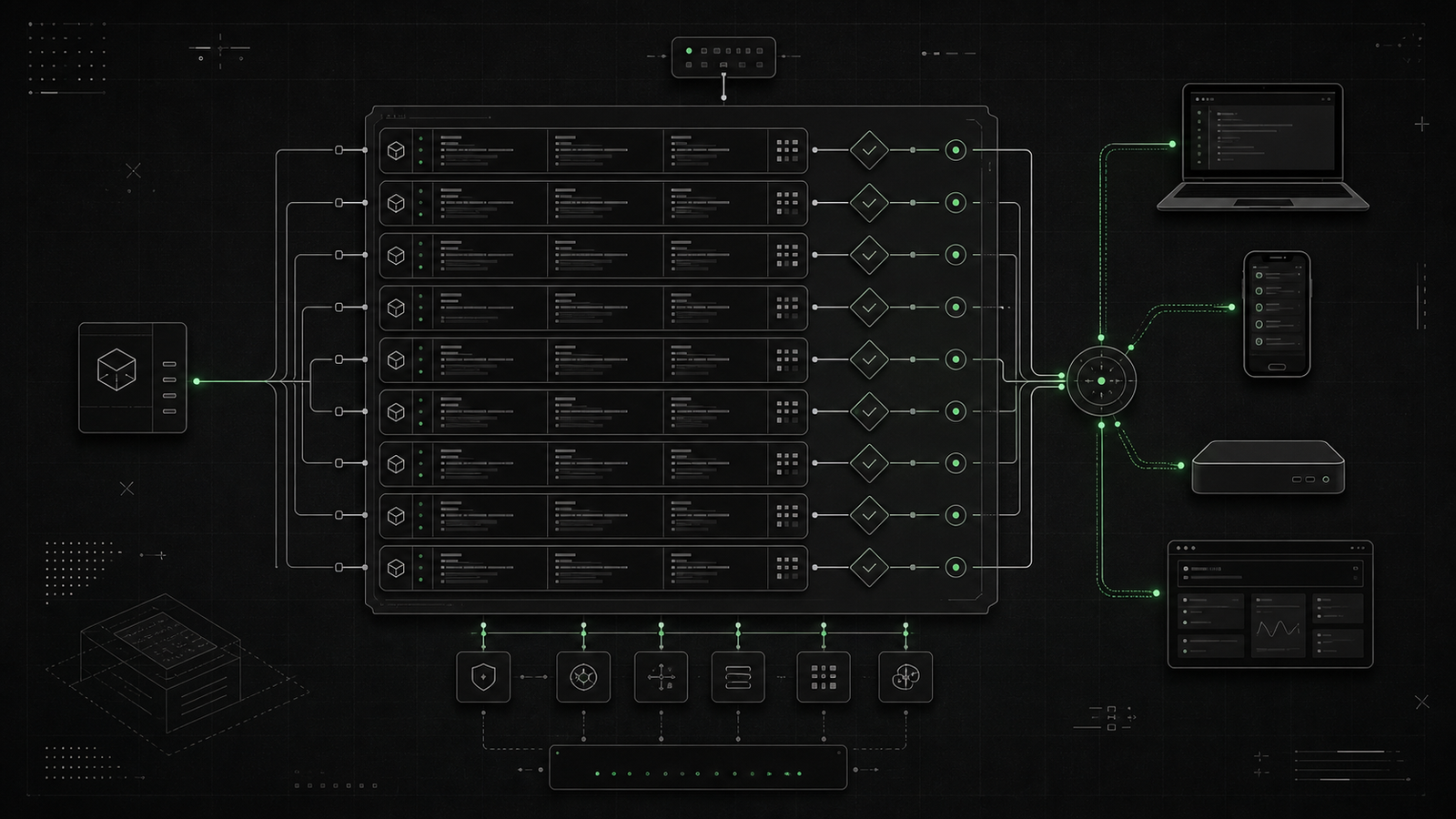 Abstract dark technical illustration of orchestrating many CLI coding agents through a tmux-style grid and mobile control panel.