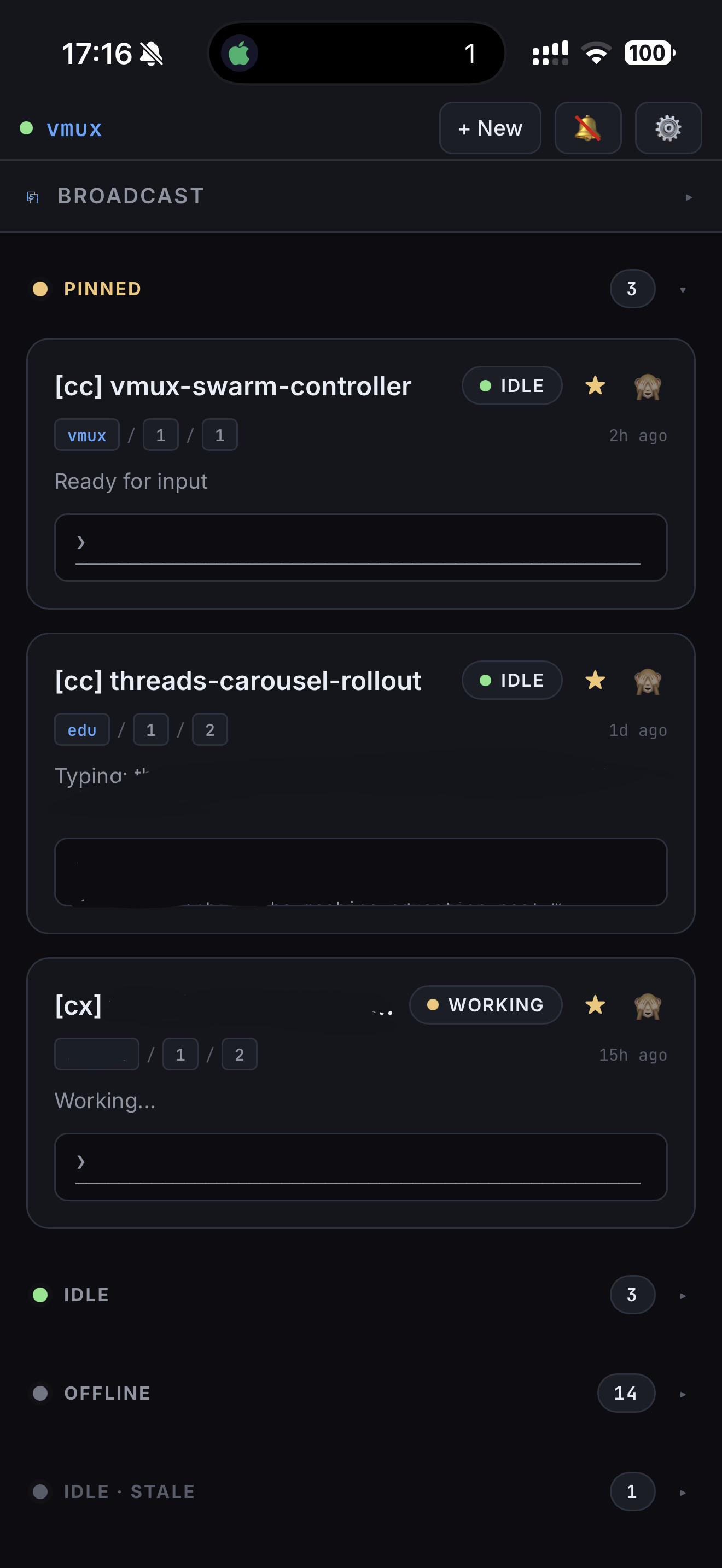 A PWA showing CLI agent sessions as cards, grouped by status — idle, working, needs input, offline — each with a project tag.