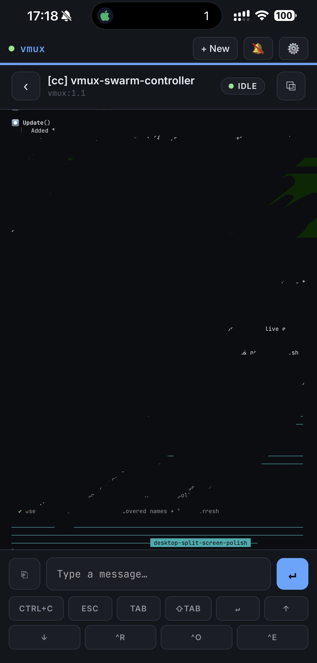 A single CLI agent session opened inside the PWA, with a message input and a row of terminal shortcut keys.