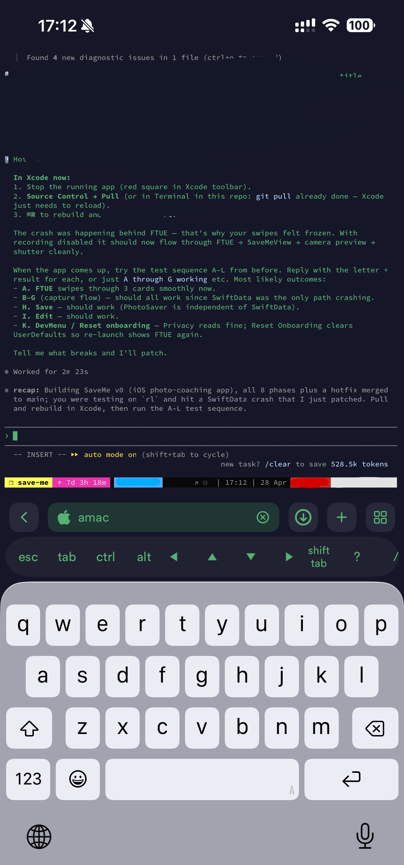 Termius on iPhone showing a Claude Code CLI session inside tmux, with the shortcut bar (esc/tab/ctrl/alt/arrows) above the iOS keyboard.